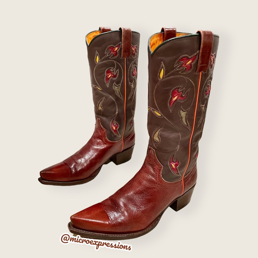 1970s VINTAGE Frye Prairie Flower Boho Brown Real Leather Western Cowboy Boots - Picture 12 of 16